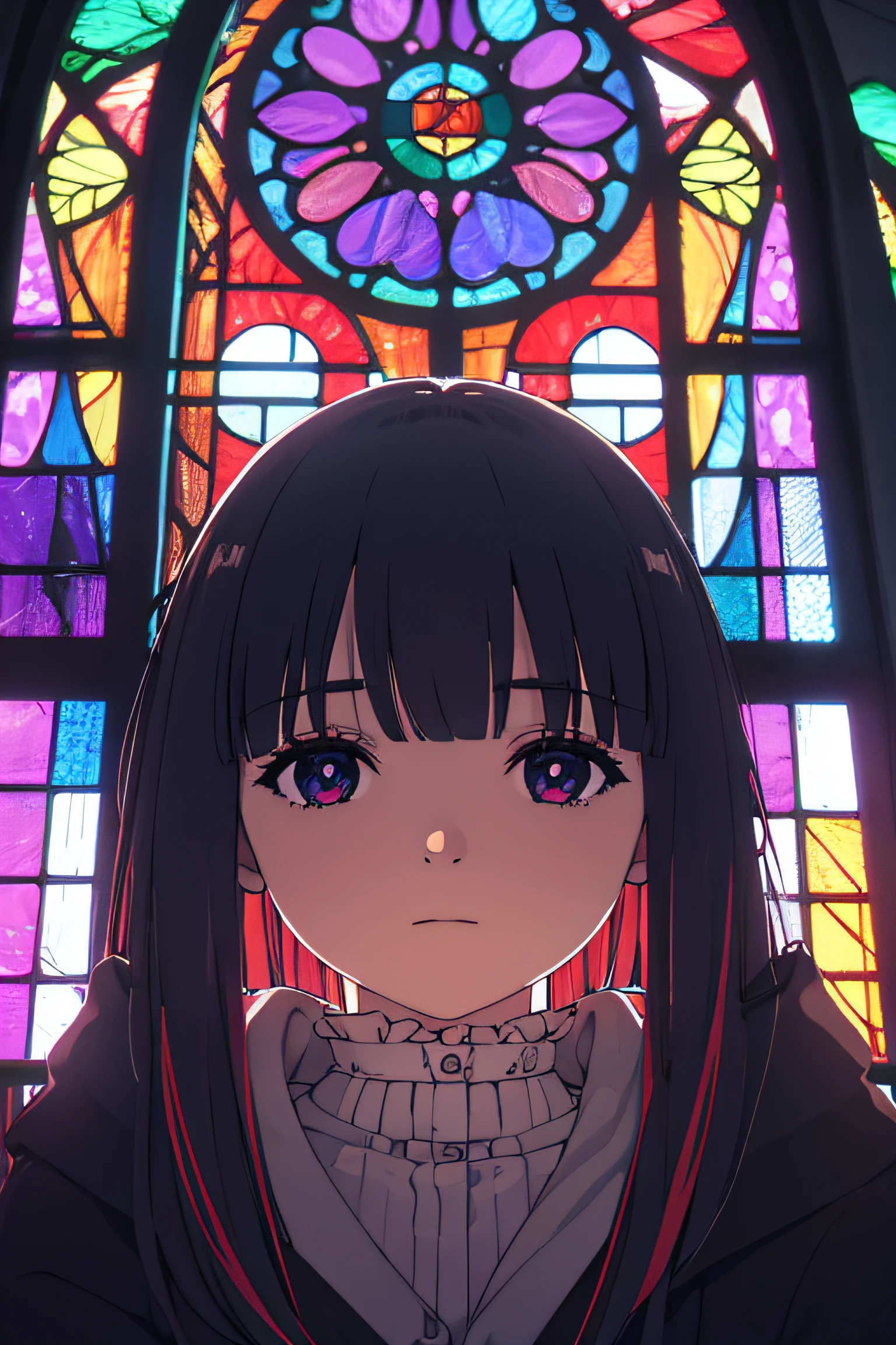 Sitting on a catedral, giant Multicolored stained glass windows on the background, beatiful escene, canddles, 1girl, particles, 4k, HD, portrait, panoramic take, beatyful eyes and face