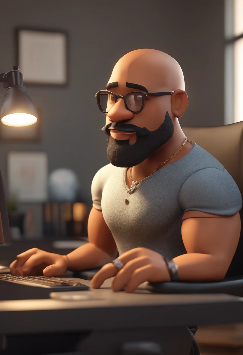 Cartoon character of a man with dark skin, chubby, shaved head and big vin diesel style beard, black glasses and floral t-shirt, working in a computer office. animation character, stylized character, animation style rendering, 3D stylized, Arnold Maya rendering, stylized 3D rendering, toon rendering keyshot, 3D character, 3D character, stylized 3D rendering, 3D character rendering, character cartoon toon, character close-up, character pose, (Pixar Style) (Masterpiece: 1.2) (Bokeh) (Best Quality) (Detailed Skin) (Detailed Texture) (8k) (Clay) (Bright Lighting) (Focus sharp)