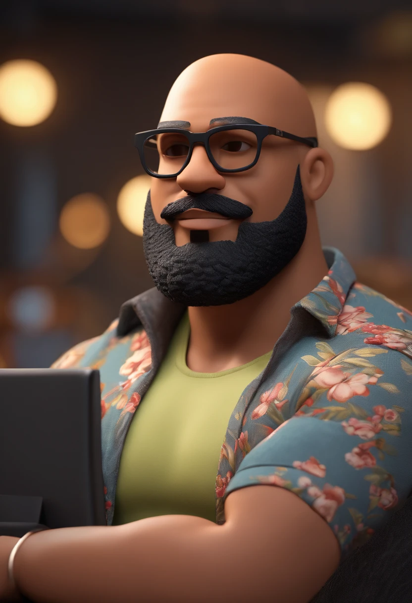 Cartoon character of a man with dark skin, chubby, shaved head and big vin diesel style beard, black glasses and floral t-shirt, working in a computer office. animation character, stylized character, animation style rendering, 3D stylized, Arnold Maya rendering, stylized 3D rendering, toon rendering keyshot, 3D character, 3D character, stylized 3D rendering, 3D character rendering, character cartoon toon, character close-up, character pose, (Pixar Style) (Masterpiece: 1.2) (Bokeh) (Best Quality) (Detailed Skin) (Detailed Texture) (8k) (Clay) (Bright Lighting) (Focus sharp)