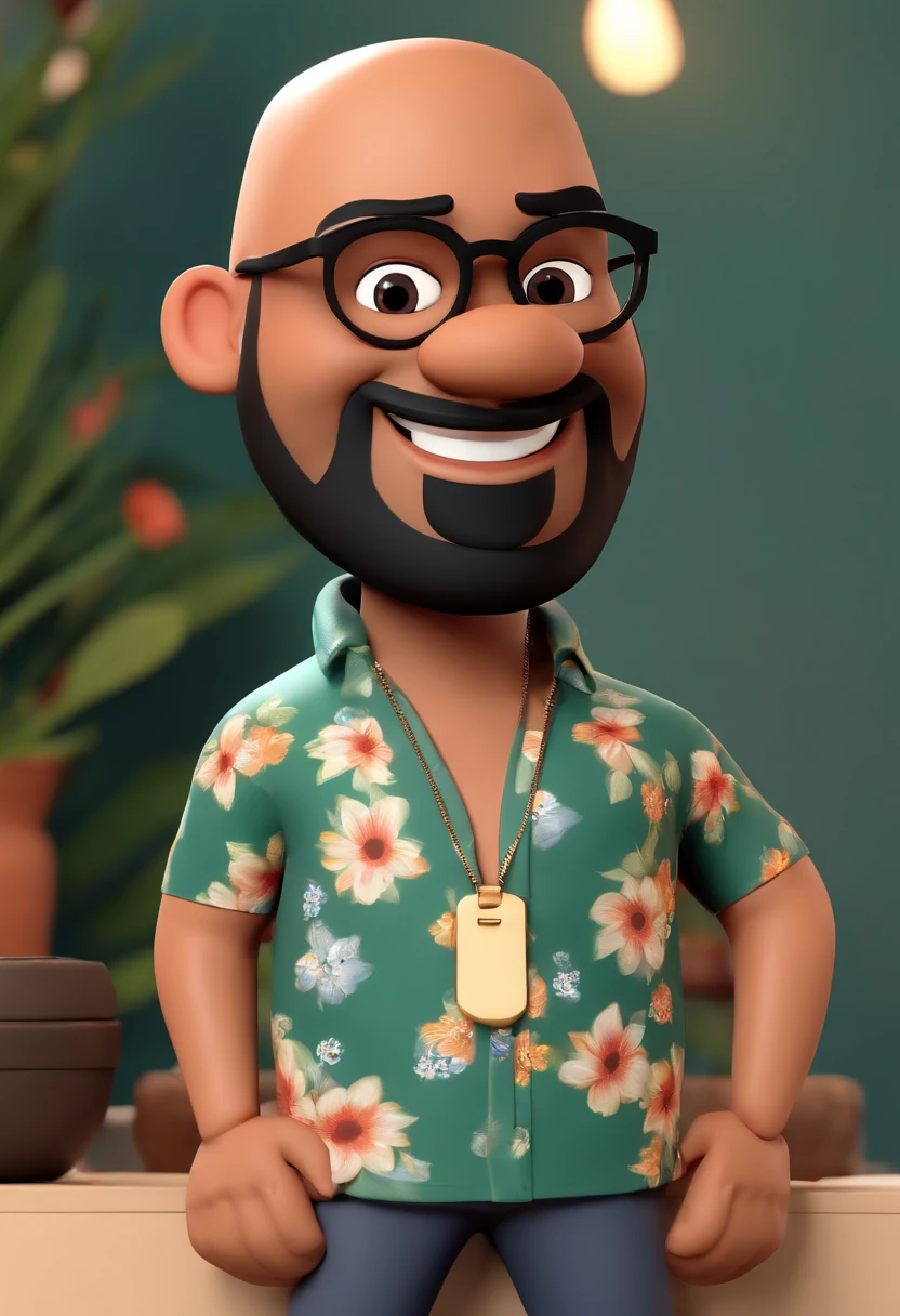Cartoon character of a man with dark skin, chubby, shaved head and big vin diesel style beard, black glasses and floral t-shirt, working in a computer office. animation character, stylized character, animation style rendering, 3D stylized, Arnold Maya rendering, stylized 3D rendering, toon rendering keyshot, 3D character, 3D character, stylized 3D rendering, 3D character rendering, character cartoon toon, character close-up, character pose, (Pixar Style) (Masterpiece: 1.2) (Bokeh) (Best Quality) (Detailed Skin) (Detailed Texture) (8k) (Clay) (Bright Lighting) (Focus sharp)
