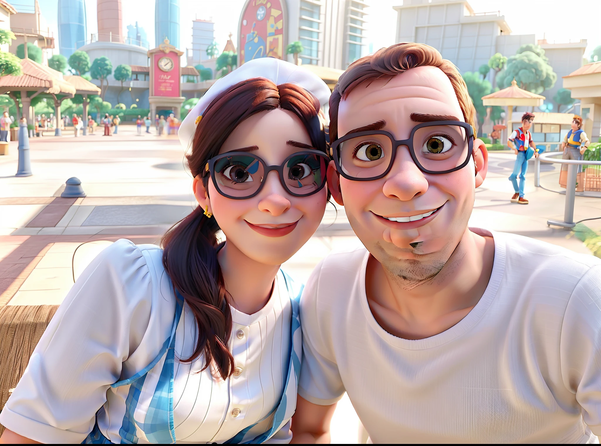 Casal (homem moreno e mulher branca) no estilo Disney Pixar, alta qualidade, melhor qualidade.