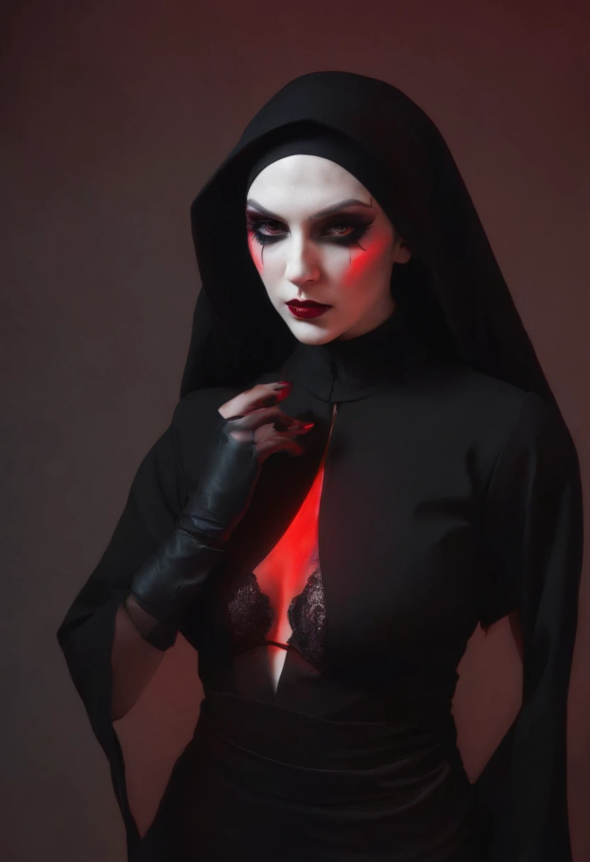 Sexy demonic nun posing for a photo, usando lingerie, mulher nua, corpo sem roupa, peito grande, Coxas grandes, Slender waist kissing another nun
 exhibition, mostrando o peito, red neon lights, fundo vermelho nua lesbica