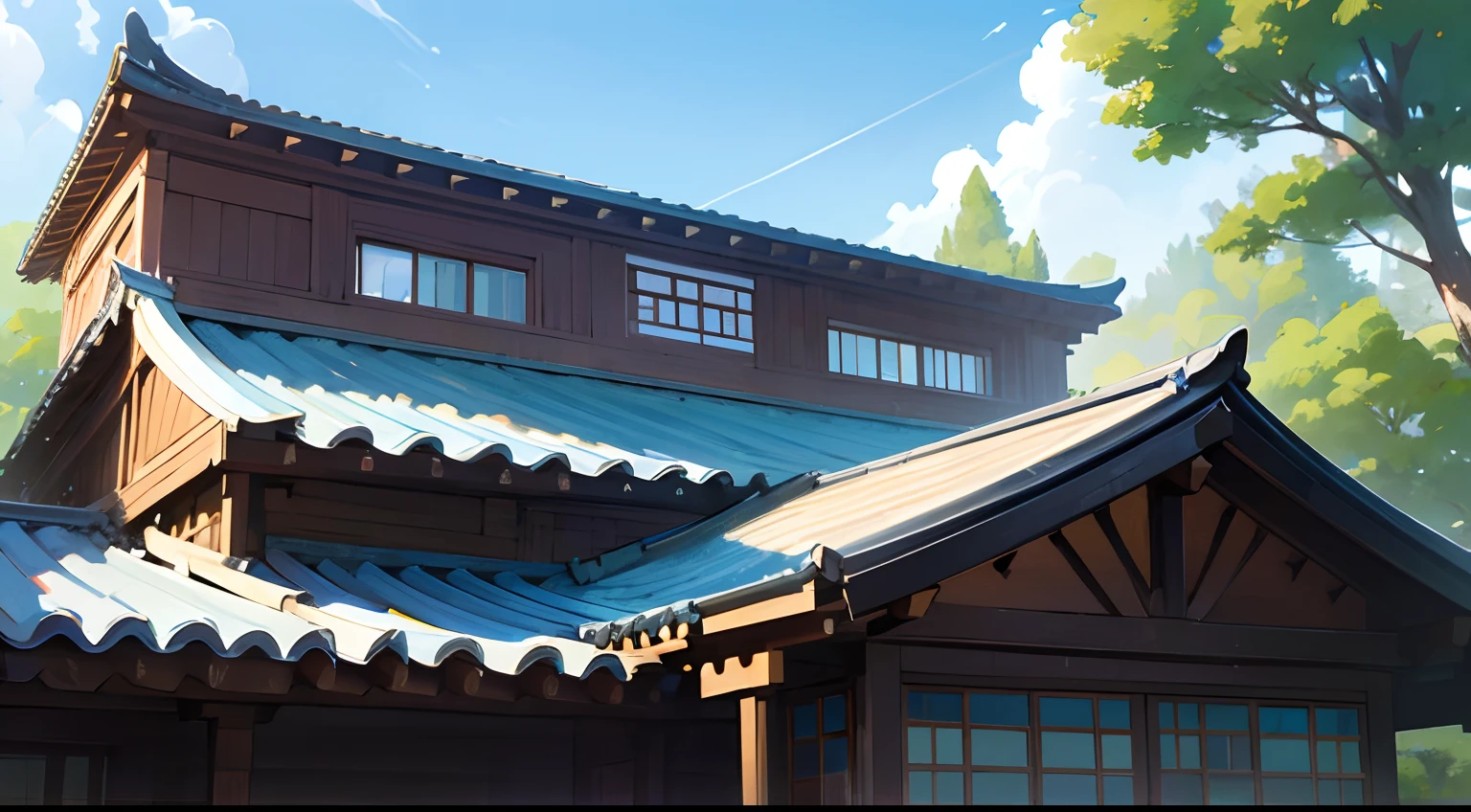 blue-sky、Two-story、House roof、The color of the roof is brown、Garden plants