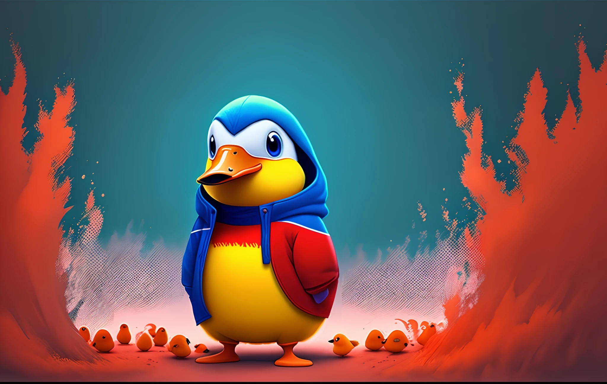 Pixar imagem de um pato humanizado com uma jaqueta azul e vermelha no meio de uma torcida de futebol