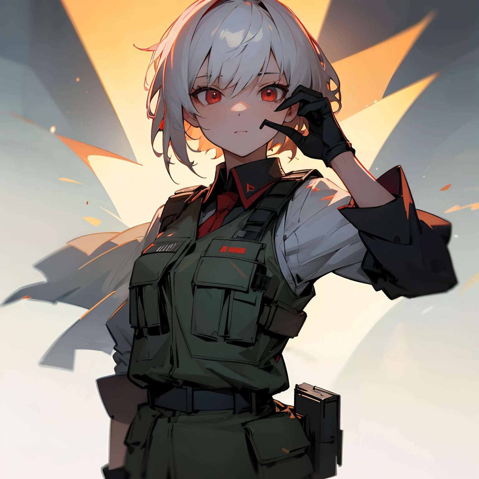 masterpiece , a girl, in battlefield, ( lite white short hair:1.2), (red eyes:1.2), (Russian Millitary Uniform:1.2), (looks at the viewer:1.2) , (8k, best quality 1.2), ultra-detailed, 8k uhd, soft lighting, high quality, film grain, beautiful lighting, cinematic ,perfect body , best illumination, best shadow, sharpness, contrast, red glasses, messy hair, tactical vest, gloves, headset, absurdres high detailed face, serious face