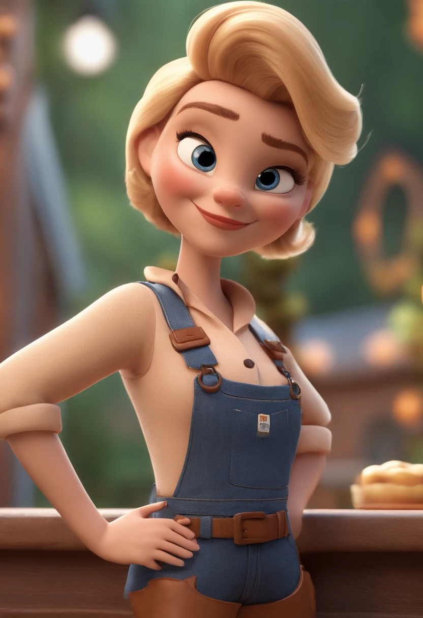 Cartoon character of a woman with blond hair, wearing overalls, with title saying “garota garagem”, animation character, Caractere estilizado, animation style rendering, 3D estilizado, Arnold Maya render, 3 d render stylized, toon render keyshot, Personagem 3D, Personagem 3D, 3d rendering stylized, 3 d character render, personagem de desenho animado, Personagem de close up, Pose de personagem,  (Estilo Pixar) (master part:1.2) (Bokeh) (best quality) (pele detalhada) (textura detalhada) (8k) (argila) (Cinematic lighting) (foco nítido