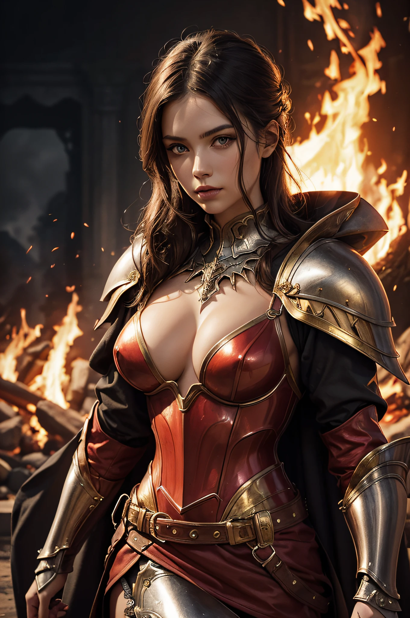Close-up drawing of a knight in armor, Detailed graphics, lady in red armor, lava and fire goddess, Beautifully detailed, female knight, epic rpg portrait, Stainless, Gothic red armor with gold decorations, bare breast, nude torso. full - body