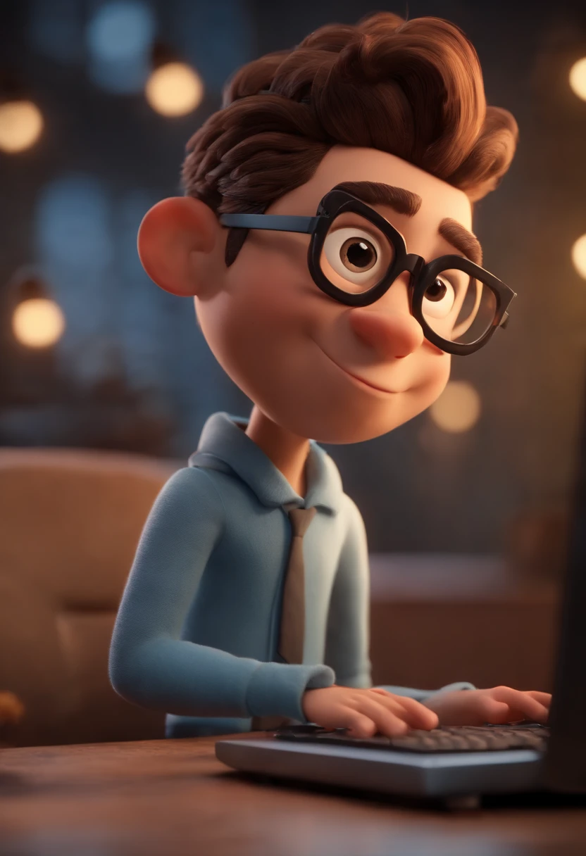 Cartoon character of a boy with black glasses and a blue shirt editing video on his computer written James , animation character, Caractere estilizado, animation style rendering, 3D estilizado, Arnold Maya render, 3 d render stylized, toon render keyshot, Personagem 3D, Personagem 3D, 3d rendering stylized, 3 d character render, personagem de desenho animado, Personagem de close up, Pose de personagem,  (Estilo Pixar) (master part:1.2) (Bokeh) (best quality) (pele detalhada) (textura detalhada) (8k) (argila) (Cinematic lighting) (foco nítido