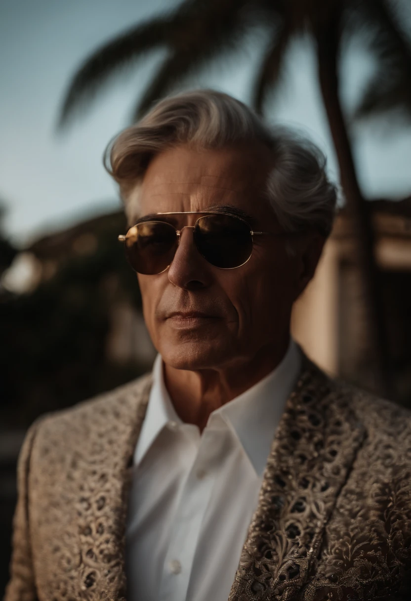 Corpo inteiro, foto grande angular retrato em close-up do corpo de um homem bonito , Alto e em forma, (60 anos:1.1), (Barbeado:1.2) , (cabelos castanhos muito curtos:1.5),(cabelos muito curtos:1.6). terno de veludo apertado marrom escuro, (The jacket has black flower patterns:1.2). (posing outside the mansion with a luxury car:1.1), Crowded street with cafes in the distance, cold and dark sunset at dusk, (luz de borda:1.1),(Foco nos olhos), (olhar irritado), (luz dura na pele:1.2), (sombras duras, Tema escuro, Contraste profundo:1.1), (fotografia retrato por Annie Liebovitz), Dark mint theme and choral aesthetics, (skin imperfections)