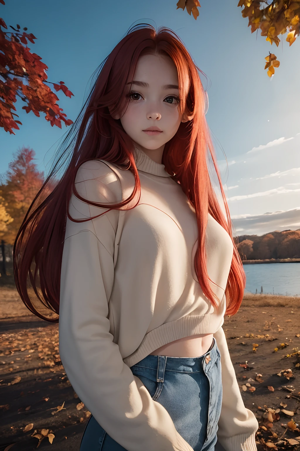 1girl, redhead girl, red hair,  face, pleasure_face , from below, The upper half body naked photo showcases a young  (redhead girl:1.6), perfect slim body, fire red hair, with a shy and innocent demeanor, sensual face, big lips, She is wearing a autum sweater that complements her big tits. jeans pants, tigh gap ,  Her hair is styled sleek and straight, elegantly framing her face .Her face is illuminated by gentle lighting, highlighting her delicate features. The girl's eyes sparkle with a hint of curiosity and her lips form a subtle, shy smile. The background consists of a outdoor autum scenery  sunset muted and warm-toned setting, providing a calm and serene atmosphere. The composition focuses on the girl's face, capturing the intricate details of her flawless skin, includinga light dusting of blush on her cheeks. The overall image exudes a sense of tranquility and captures the innocence and gentleness of sensuality
