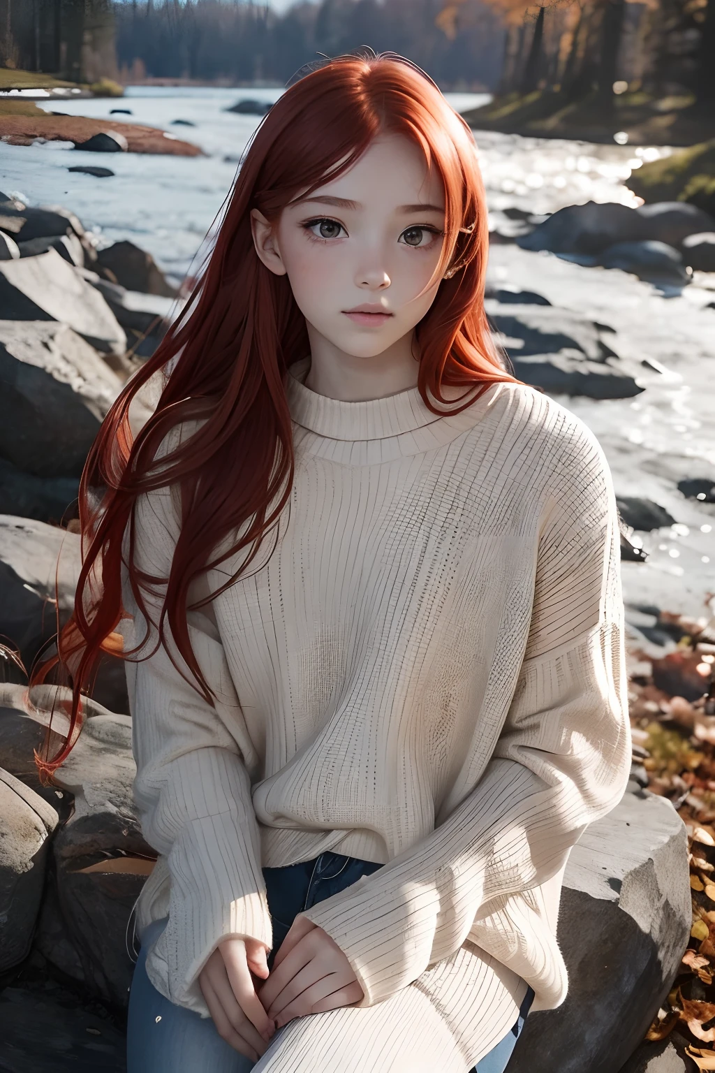 1girl, redhead girl, red hair, face, pleasure_face , from below, The upper half body naked photo showcases a young (redhead girl:1.6), perfect slim body, fire red hair, with a shy and innocent demeanor, sensual face, big lips, She is wearing a autum sweater that complements her big tits. jeans pants, tigh gap , Her hair is styled sleek and straight, elegantly framing her face .Her face is illuminated by gentle lighting, highlighting her delicate features. The girl's eyes sparkle with a hint of curiosity and her lips form a subtle, shy smile. The background consists of a outdoor autum scenery sunset muted and warm-toned setting, providing a calm and serene atmosphere. The composition focuses on the girl's face, capturing the intricate details of her flawless skin, includinga light dusting of blush on her cheeks. The overall image exudes a sense of tranquility and captures the innocence and gentleness of sensuality