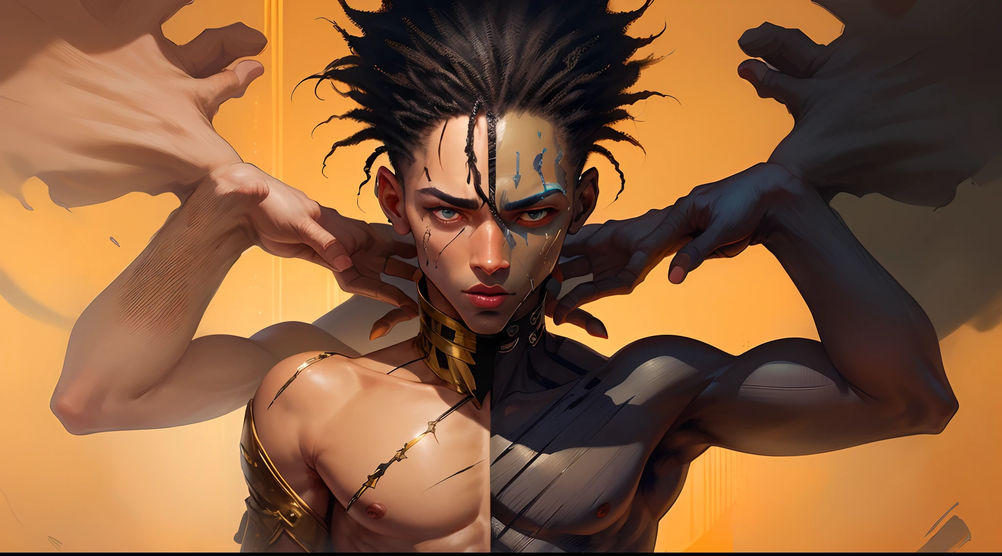 Create a dark-skinned one pice character with black eyes and waiting for his harres are licked back and under the left eyebrow he has a scar