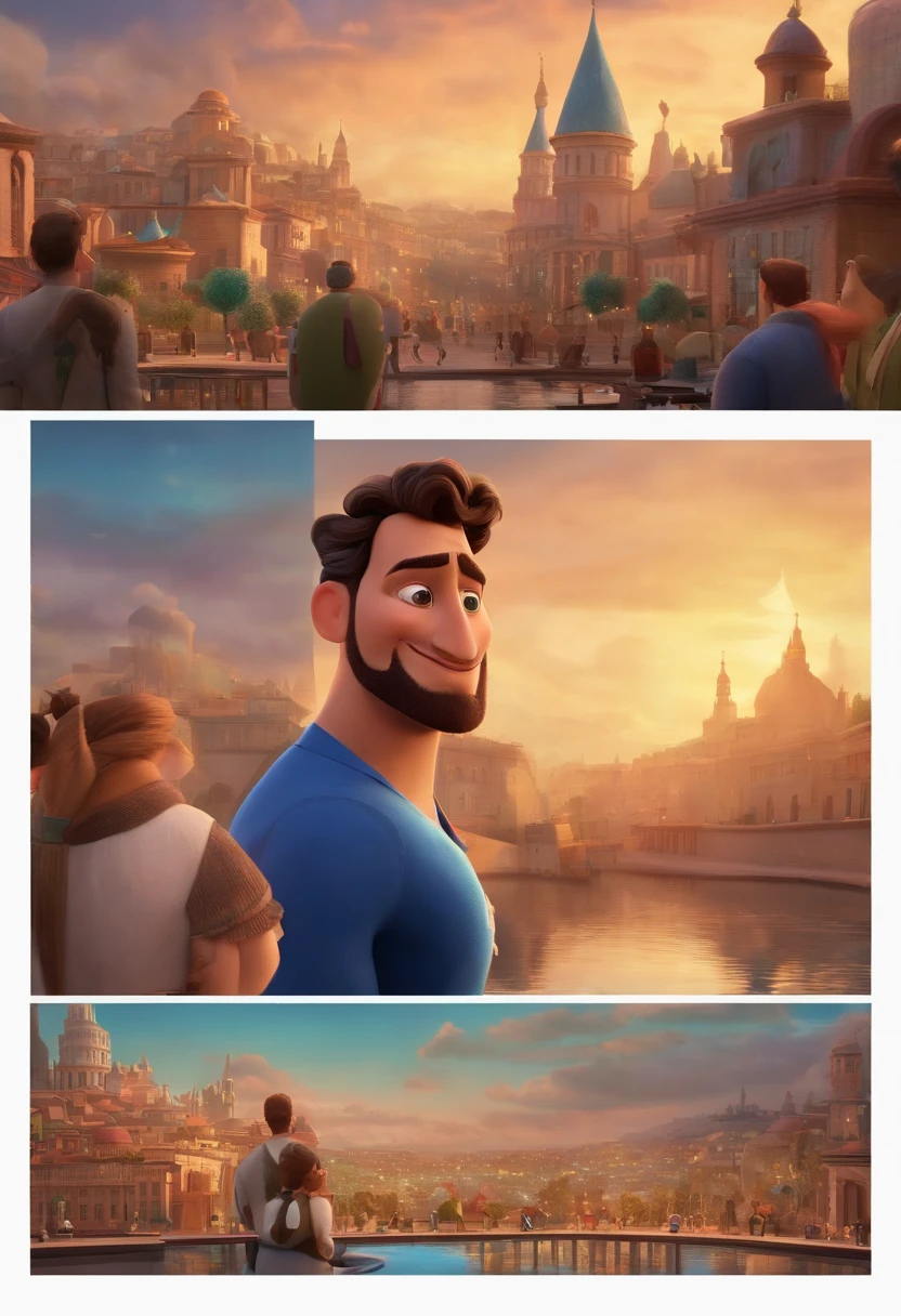 A city councilman looking at a dream project inspired by Pixar animation, de perto. The character takes center stage with captivating facial expressions, oferecendo um toque de irrealidade
