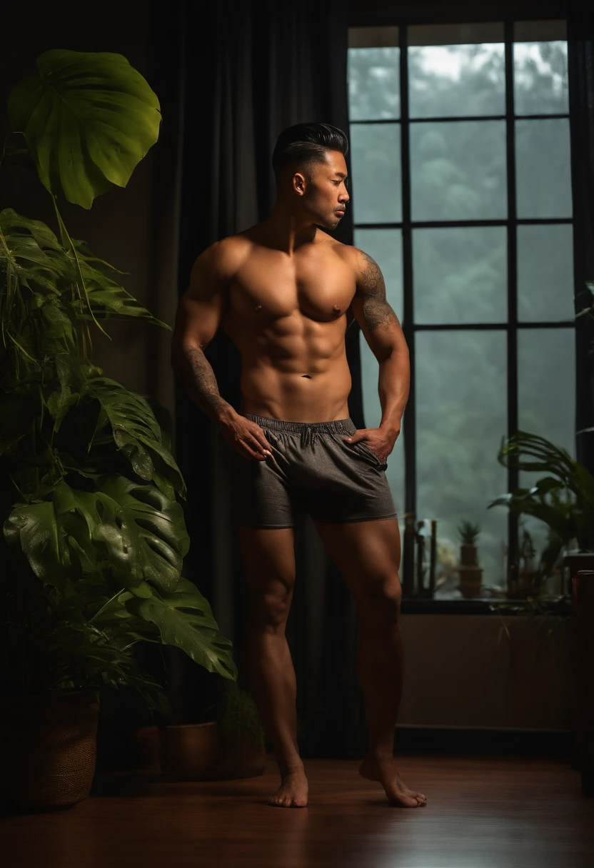 Muscular white asian man in sexy wet panties tattooed, midcentury modern living room dimly lit with dark rainy evening outside, (foggy rainy evening:1.2), pacific northwest, (dim lighting:1.4), (moody lighting:1.2), plants, large plants, rainy, monstera, many plants, (foggy windows:1.2), masterpiece, best quality, twilight hour, (nighttime:1.4), rainy evening, after sunset,