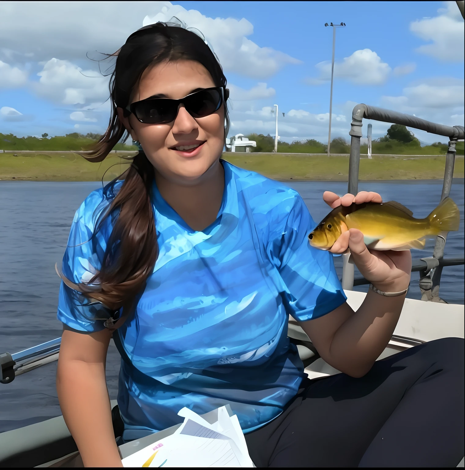 Woman sitting on a boat holding a fish in her hand, peixes no fundo, Fotografia tirada em 2 0 2 0, Miranda Meeks, Directed by: Scott M. Fischer, Tran Ross, Kerlee, scenic full shot, estudante, 1 female, video still, foto de grupo, fotografia colorida, reboque, tiro por cima do ombro, Vannessa Ives, Karla Ortiz