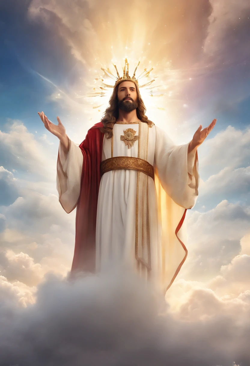 image of Jesus standing in front of a crowd of people, Jesus Cristo, Segunda Vinda, she's coming heaven, heaven!!!!!!!!, Jesus Cristo em efeito de massa, o Senhor e Salvador, raios de luz sagrada santos, ascension, Jesus, imagens sagradas, imagens religiosas, beautiful image ever created, jovem Deus Todo-Poderoso, muitas pessoas adorando, God looking at me
A closeup of a man in a crown standing in front of a crowd, O Deus Imperador da Humanidade, Rei dos Reis, Jesus Cristo Indo Super Saiyajin, vestido como Jesus Cristo, Jovem Deus Todo-Poderoso, deus imperador, Retrato do Imperador da Humanidade, Deus do Sol, Segunda vinda, Jesus Negro, Jesus Cristo, muitas coroas!! upon his head, olhos brilhantes, cercado por anjos, Cinematic scenery of the sky, imagem ultra realista, 8k
O Arrebatamento ,Thousands of people are floating in the air,Standing on the clouds, Thousands of people are dressed in white, Raise your hands and sing hymns to praise God. The scenes are magnificent and surreal. (best quality, 4k, 8k, alta resolução, master part:1.2), ultra-detalhado, (realisitic, fotorrealista, Realista:1.37), Retrato de um, vivid colors, studio lit, foco nítido, physics based rendering, extreme detail description, Bible Topics, Grande ambiente, luz radiante.O Arrebatamento ,Thousands of people are floating in the air,Standing on the clouds, Thousands of people are dressed in white, Raise your hands and sing hymns to praise God. The scenes are magnificent and surreal. (best quality, 4k, 8k, alta resolução, master part:1.2), ultra-detalhado, (realisitic, fotorrealista, Realista:1.37), Retrato de um, vivid colors, studio lit, foco nítido, physics based rendering, extreme detail description, Bible Topics, Grande ambiente, luz radiante.O Arrebatamento ,Thousands of people are floating in the air,Standing on the clouds, Thousands of people are dressed in white, Raise your hands and sing hymns to praise God.