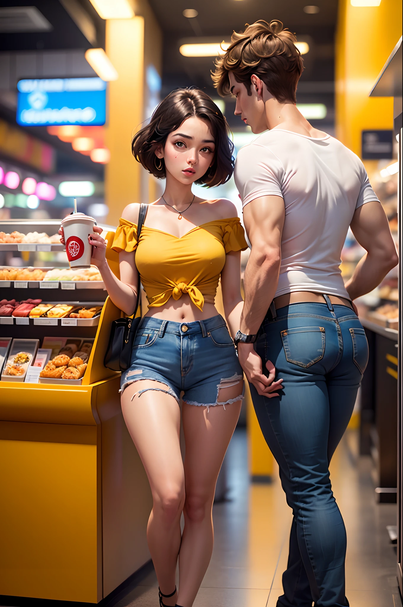 create a poster for a Disney Pixar 3D movie. mulher pele muito branca, blusa amarela, short jeans azul, chinelo cor de pele, cabelo castanho com mechas loiras, segurando uma biblia, Food court image background.