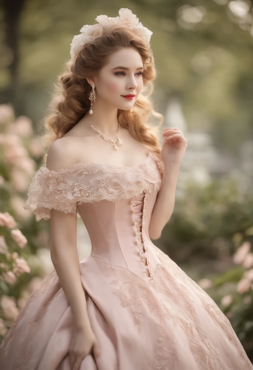 Young blonde fat girl, blushing, in Victorian style、Gamine、Young Child 1. **lo fashion**: Victorian fashion is characterized by dressy and elegant design。Ruffles and laces、corsets、Try incorporating elements such as long dresses。 2. **hairstyle on**: Women's hairstyles in the Victorian era are often complex and delicate。Upstyling and curling、It is also a good idea to add ribbons and floral ornaments to the hair.。 3. **Features**: Girl's facial features with soft features、Beautie、kawaii、Beautiful 5. **accessorized**: Accessories played an important role in the Victorian era。Hats、choker necklace、gloves、umbrellas, etc.、By drawing accessories with attention to detail、You can give your character personality。 Nice dress、florals、Luxurious costumes、pink there、PastelColors
