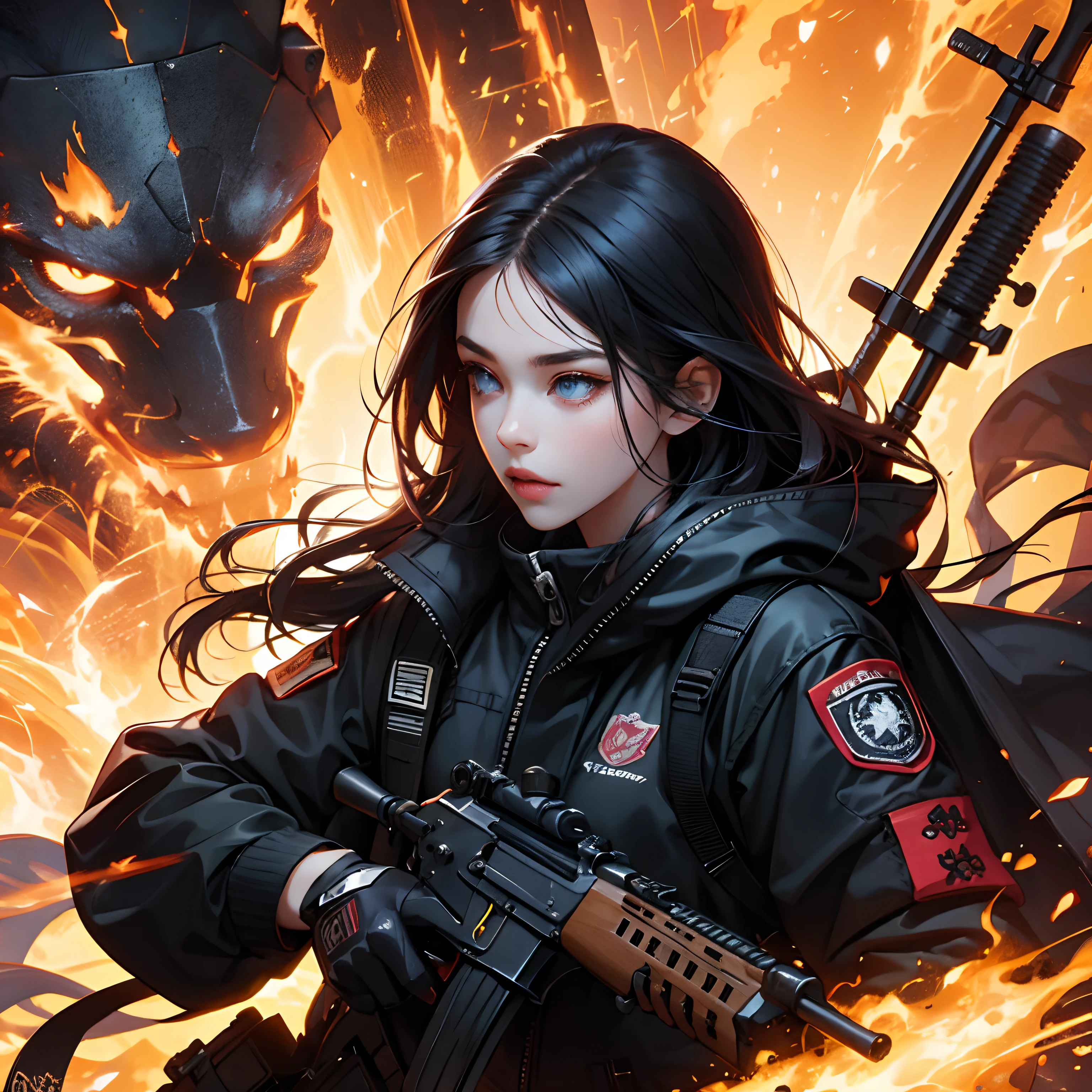 /imagine Young girl, masterpiece, best quality, high resolution, 1girl, solo, black_hair and fire , blue_eyes Nein fire, detailed skin and face, jacket, holding gun, ak-47, assault rifle pegando fogo , kalashnikov rifle, trigger_discipline, low-ready