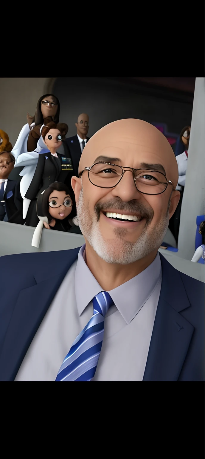 create a Disney movie poster of a bespectacled bald male character in his 50s smiling in a suit and tie with a group of people behind him, em uma igreja, 3D rendering, Pixar animation poster, Disney