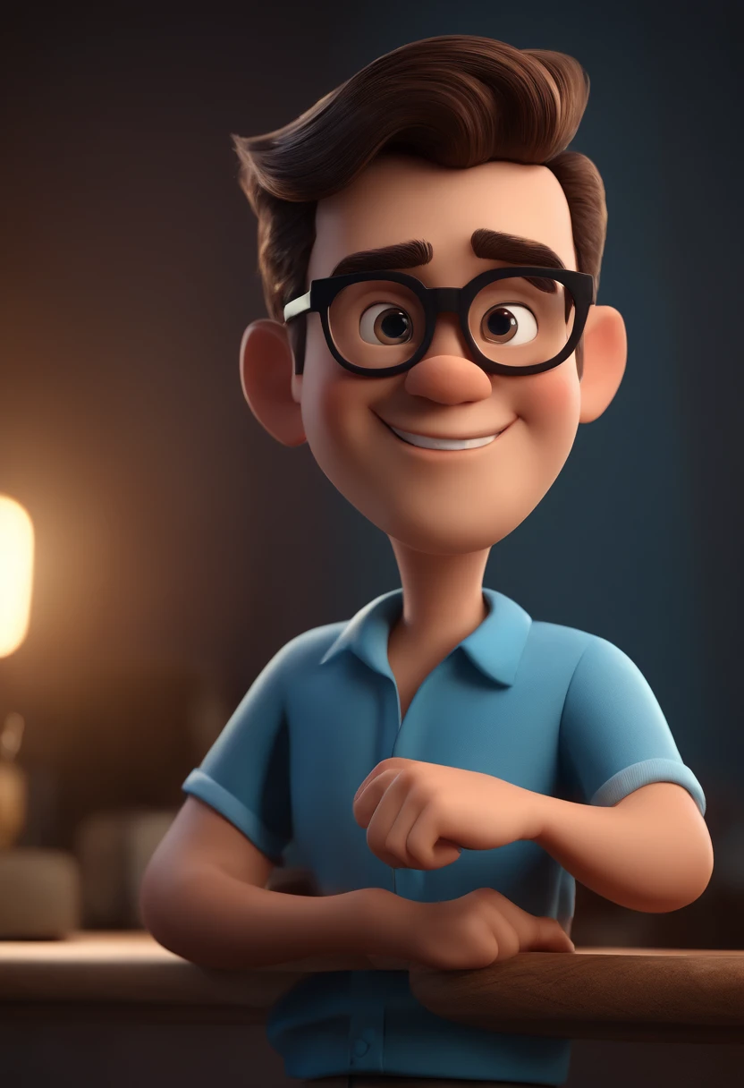 Cartoon character of a man with black glasses and a blue shirt, animation character, Caractere estilizado, animation style rendering, 3D estilizado, Arnold Maya render, 3 d render stylized, toon render keyshot, Personagem 3D, Personagem 3D, 3d rendering stylized, 3 d character render, personagem de desenho animado, Personagem de close up, Pose de personagem,  (Estilo Pixar) (master part:1.2) (Bokeh) (best quality) (pele detalhada) (textura detalhada) (8k) (argila) (Cinematic lighting) (foco nítido