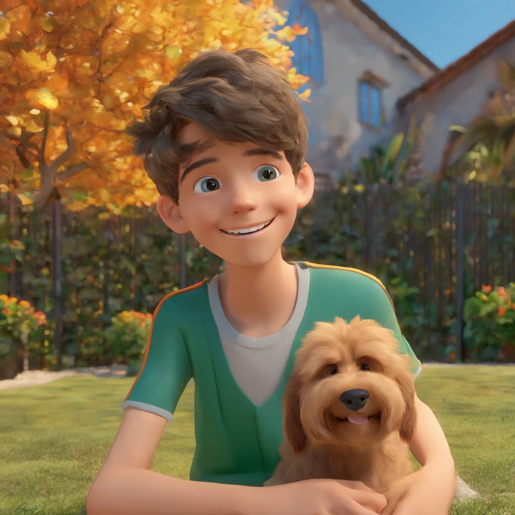 Lucas is a smiling -yeld hu boy, com seu fiel amigo, Bolt, o cachorro schnauzer, deitados no jardim