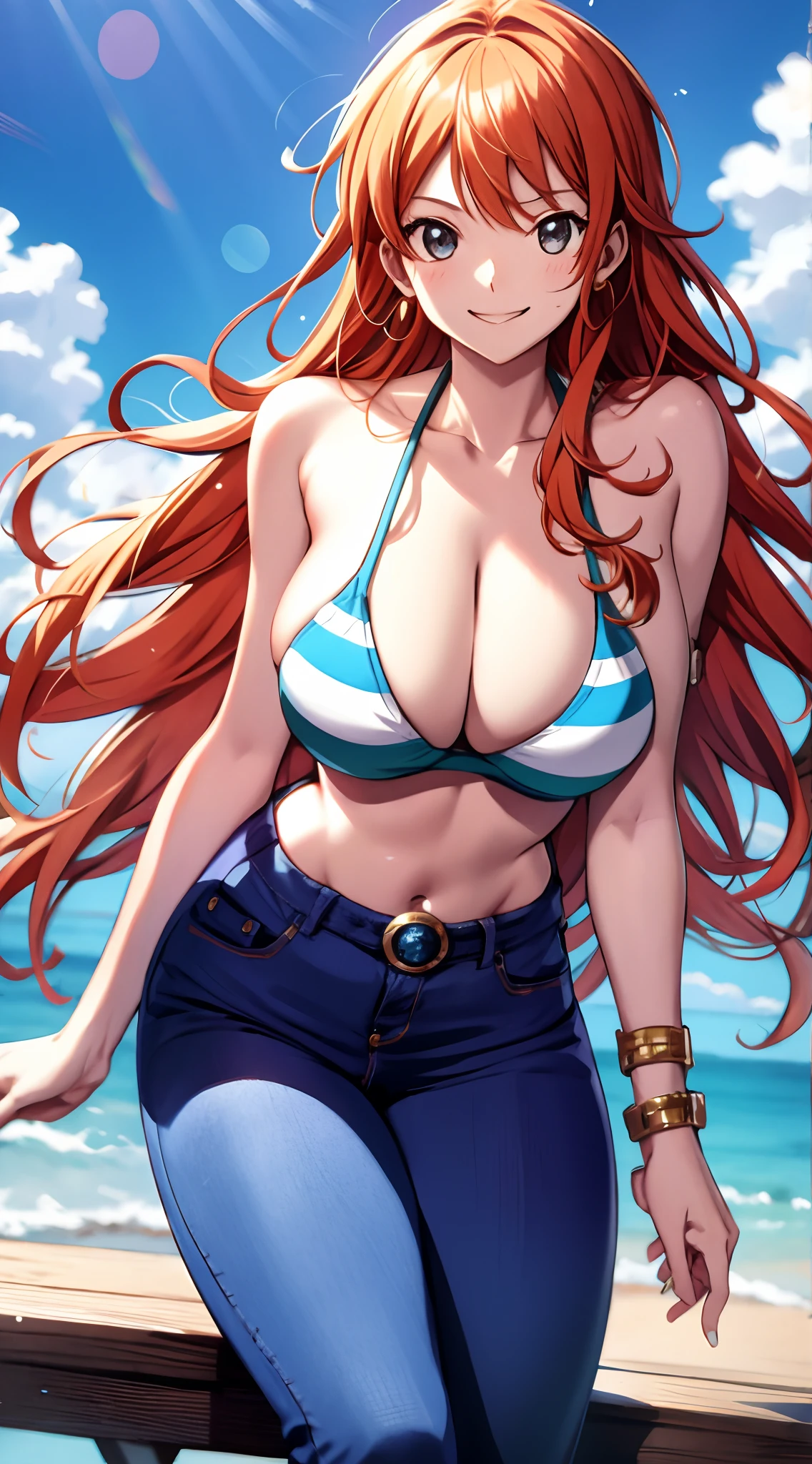 Namet One Piece , full bodyesbian, gentle illumination, 1girll,比基尼，swim wears，ssmile，looks into camera，Be red in the face，sportrait，long jeans