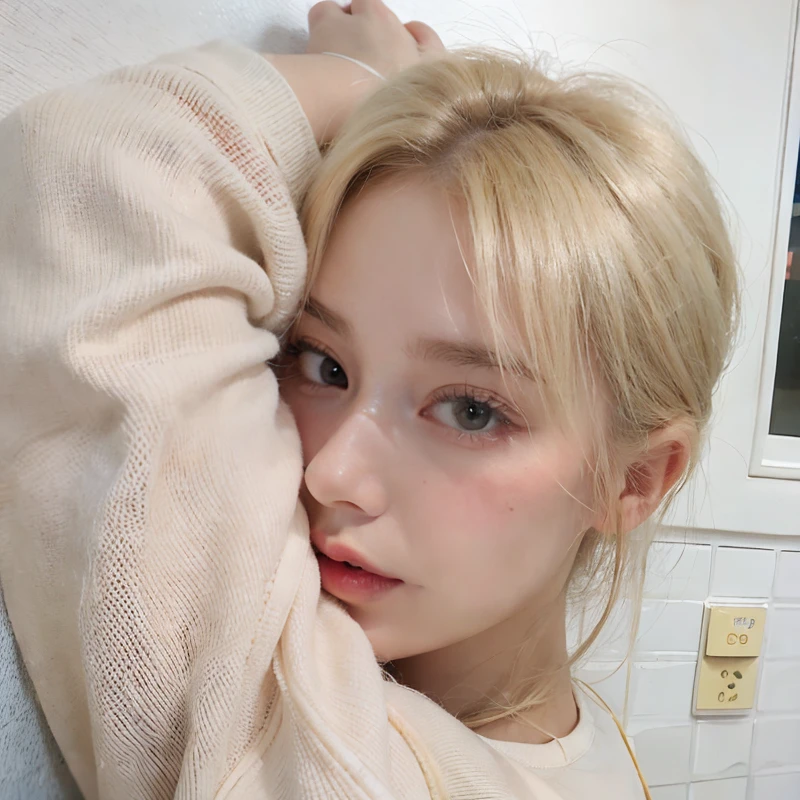 A woman with blond hair and a white shirt is leaning against a wall, extremely pale blond hair, uma com cabelo loiro, soft pale golden skin, pale round face, very very pale blond hair, her hair is white, pale hair, pale glowing skin, soft flawless pale skin, pale skin curly blond hair, Taran Dasha, rosto redondo macio