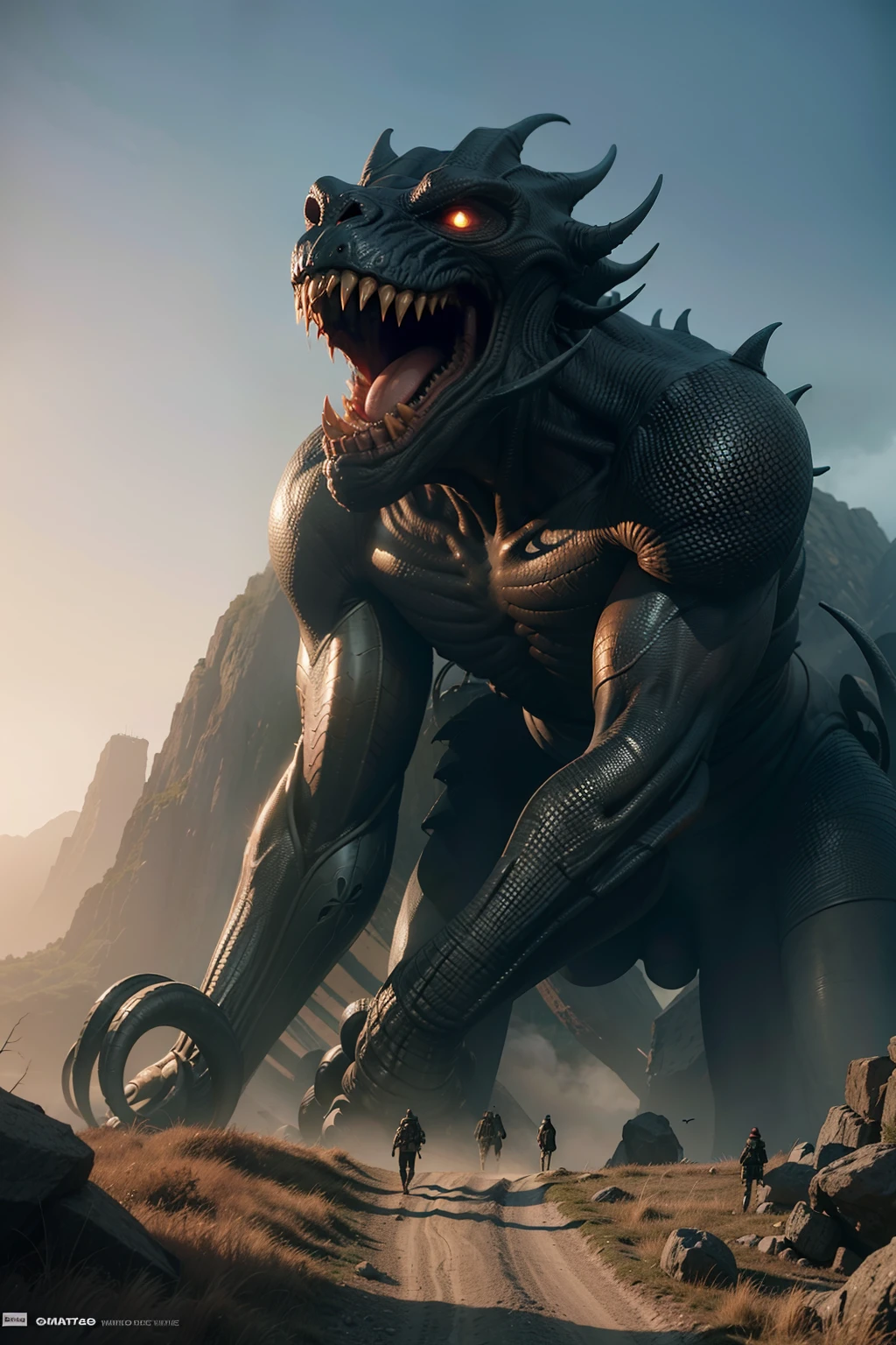 A very detailed painting, Dark world, Depicts a man have a weapon on a hill gazing at a giant alien monster lightning rain breath, author:Shinkai Makoto, By Art Jem, From Wlop, author:Greg Rutkowski, Volumetric Lighting, Octane Rendering, 4K resolution, Popular on artstation, masterpiece ,flame magic