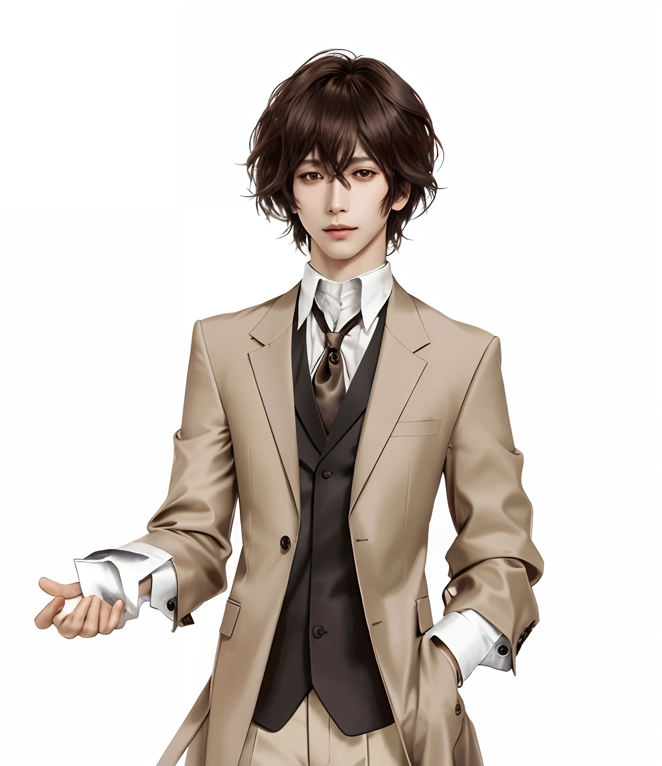 1men , dazai osamu , dark brown hair , brown eyes, handsome , realistic clothes, detail clothes, simple background, ultra detail, realistic