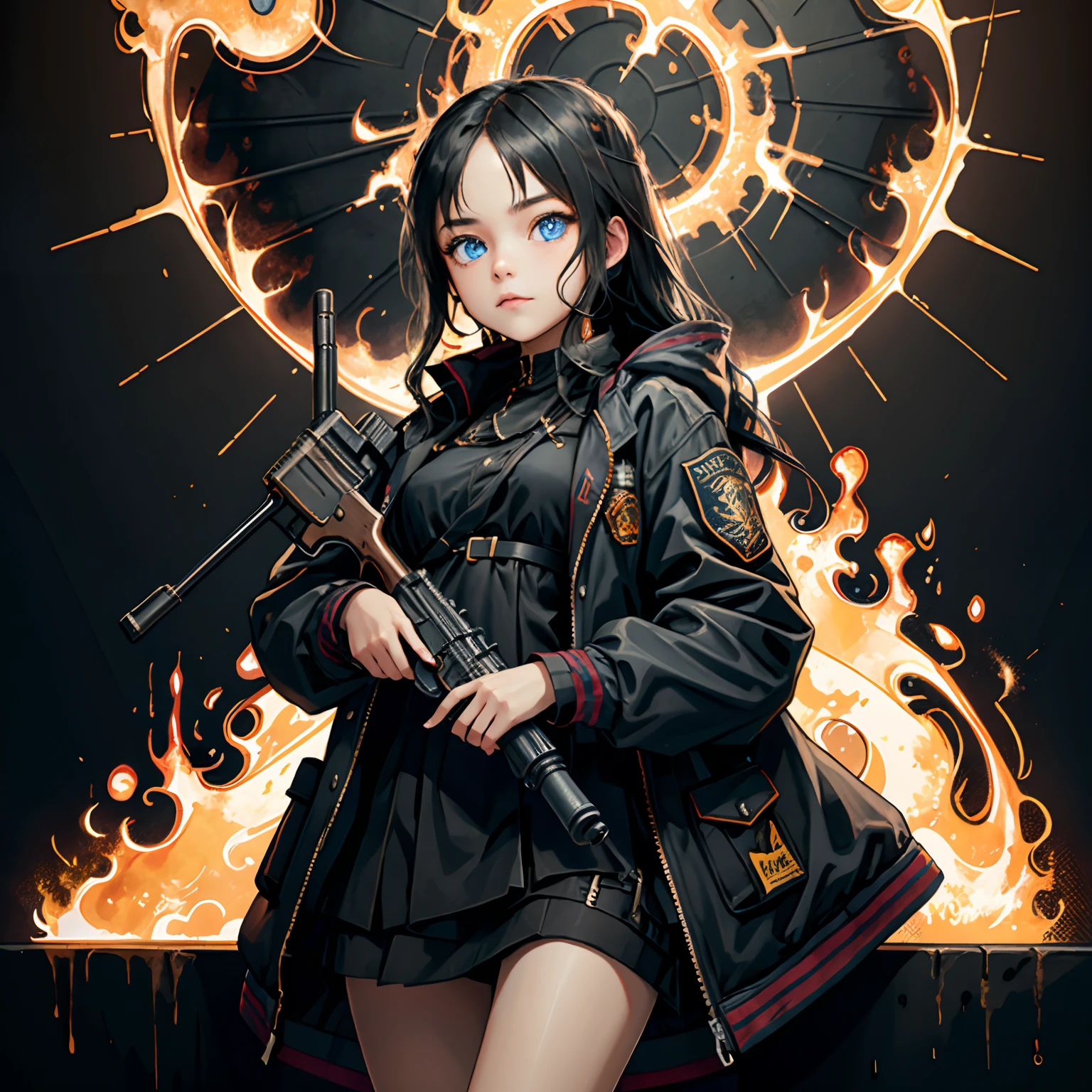 /imagine Young girl, masterpiece, best quality, high resolution, 1girl, solo, black_hair and fire , blue_eyes Nein fire, detailed skin and face, jacket, holding gun, ak-47, assault rifle pegando fogo , kalashnikov rifle, trigger_discipline, low-ready