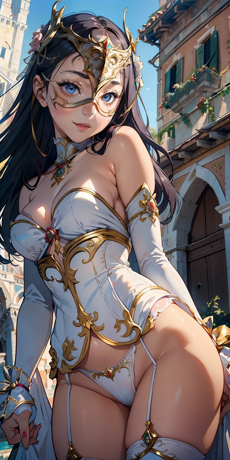 realisticlying、natta、Face Real、13-year-old girl、、(Emphasis on the thighs)、(Super close-up from below)Medieval Italy((Wearing the Venetian Mikloy((Masquerade))、Wearing a tight-fitting white dress、Ancient castles in Italy、sexy  pose、Face smile