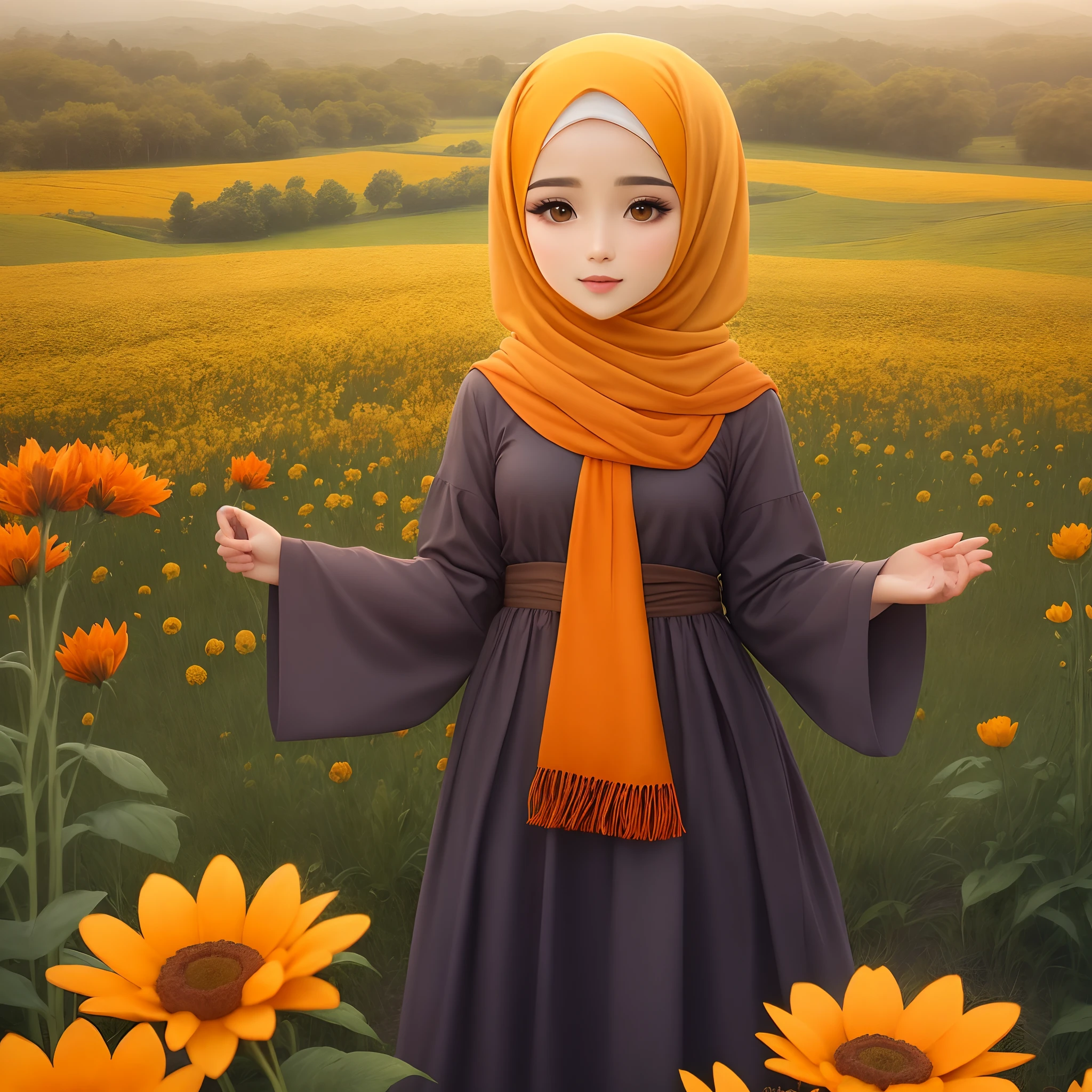 ((Best Quality, 8K, Masterpiece: 1.3)), arafed young girl in a hijab holding a flower in a field of flowers, cute face, beauty girl, smiling, big eyes, with flowers, holding a flower, in garden, full protrait, standing in flower field, protrait, flowers in background, a picture, standing in a flower field, old picture, potrait, picture, close up potrait, student, close up