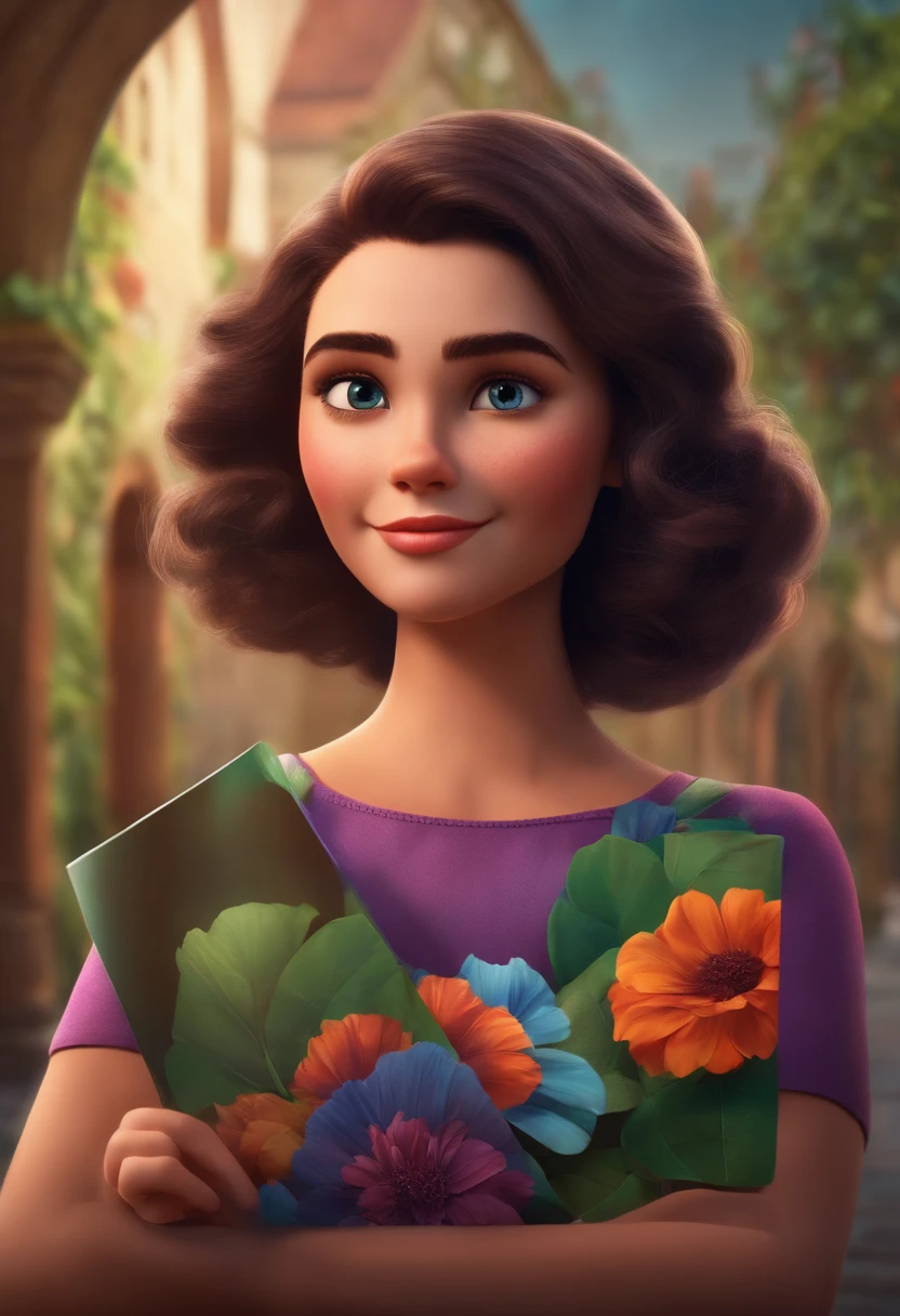 Create Pixar style character of a young lady holding a poster for a movie