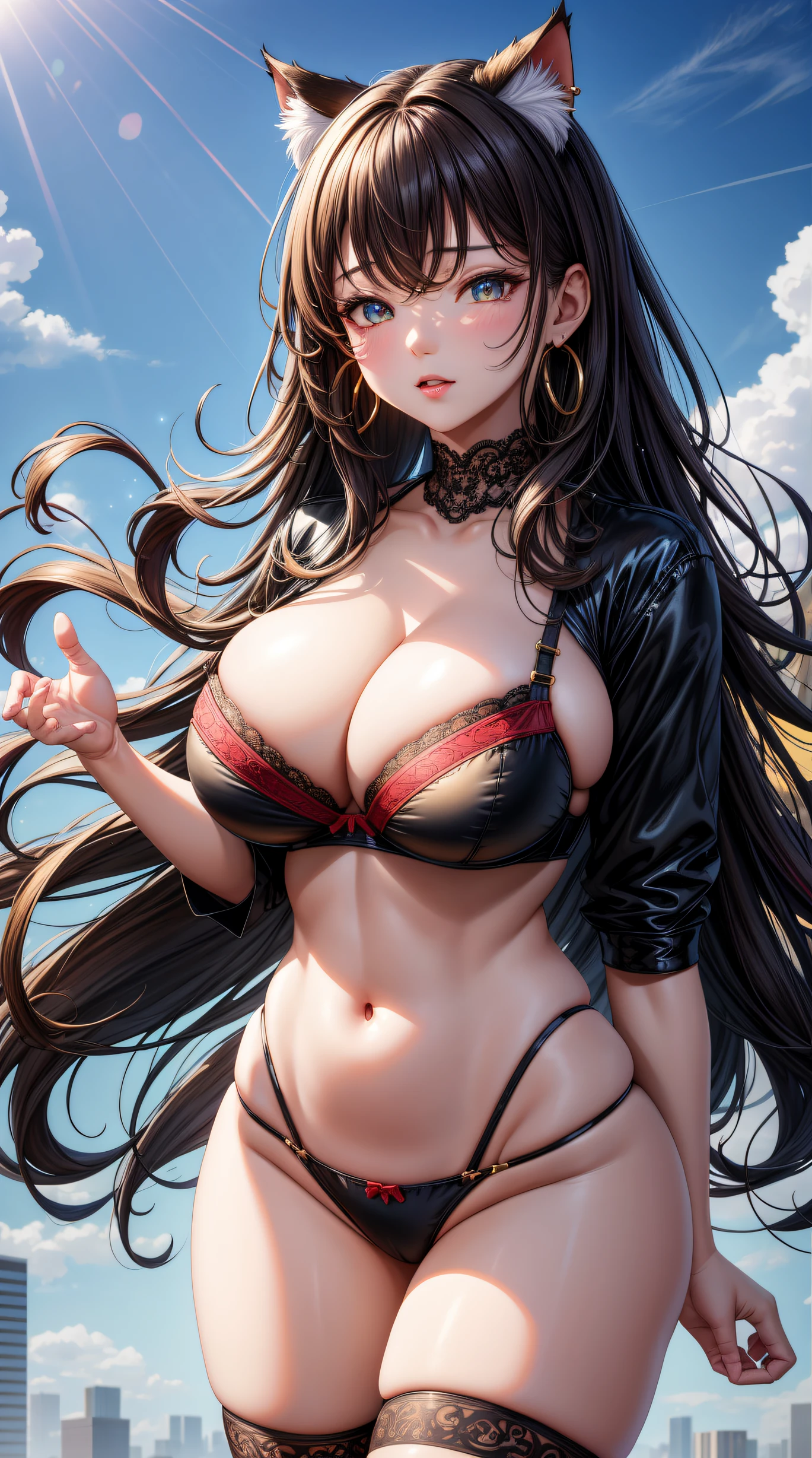 (best quality:1.5, highres, UHD, 4K, detailed lighting, shaders), black wavy hair, gradient hair, cat ears, large breasts,red bra with lace, open white shirt, big butt, big thighs, white longs socks with lace, mature woman , (pov), white background, colorful eyeshadow, dramatic lighting, sparkling eyes, confident expression, golden earrings, flowing hair, delicate facial features, soft skin, high cheekbones, stylish clothing, urban setting, white background,