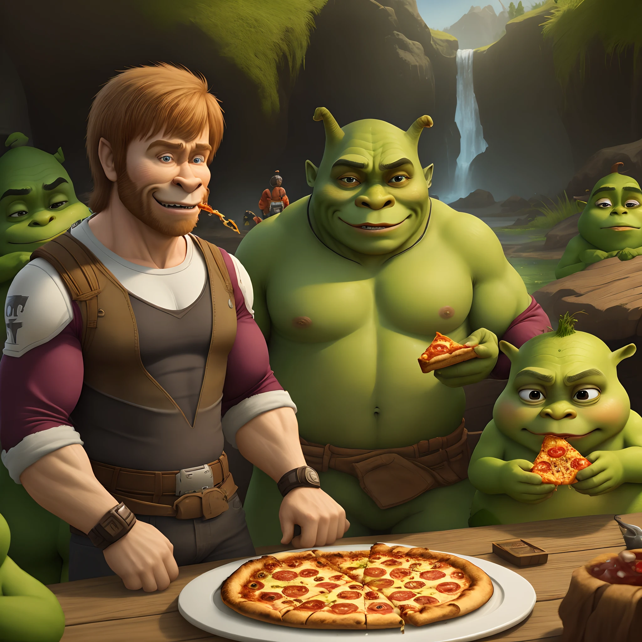 Shrek and Chuck Norris playing halo in shreks swamp and eating pizza