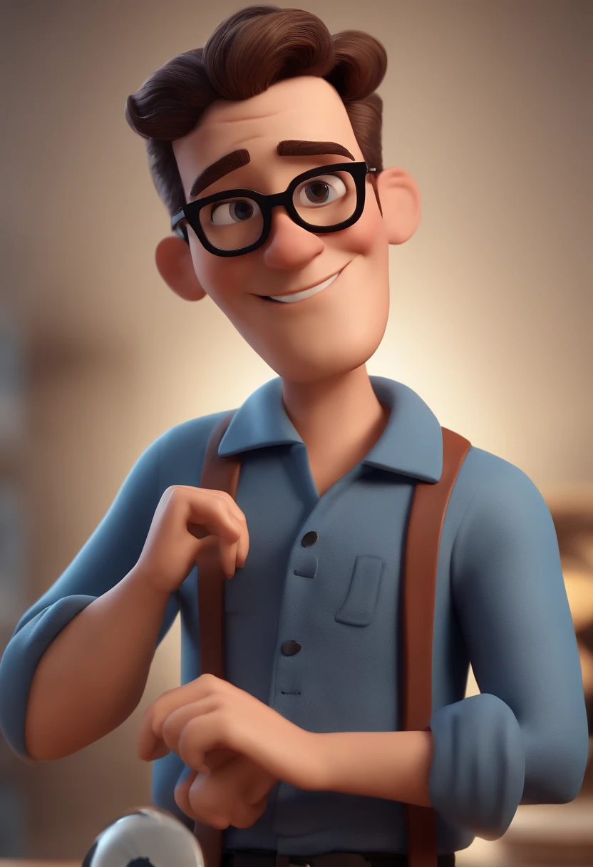 Cartoon character of a man with black glasses and a blue shirt, animation character, Caractere estilizado, animation style rendering, 3D estilizado, Arnold Maya render, 3 d render stylized, toon render keyshot, Personagem 3D, Personagem 3D, 3d rendering stylized, 3 d character render, personagem de desenho animado, Personagem de close up, Pose de personagem,  (Estilo Pixar) (master part:1.2) (Bokeh) (best quality) (pele detalhada) (textura detalhada) (8k) (argila) (Cinematic lighting) (foco nítido