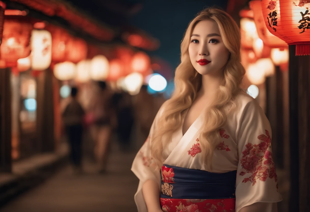 Beautiful blonde fat girl, in china, wearing chinese clothing, white girl, american girl, realistic photo, professional art, perfect proportions, pale skin, background of chengdu at night, city lights