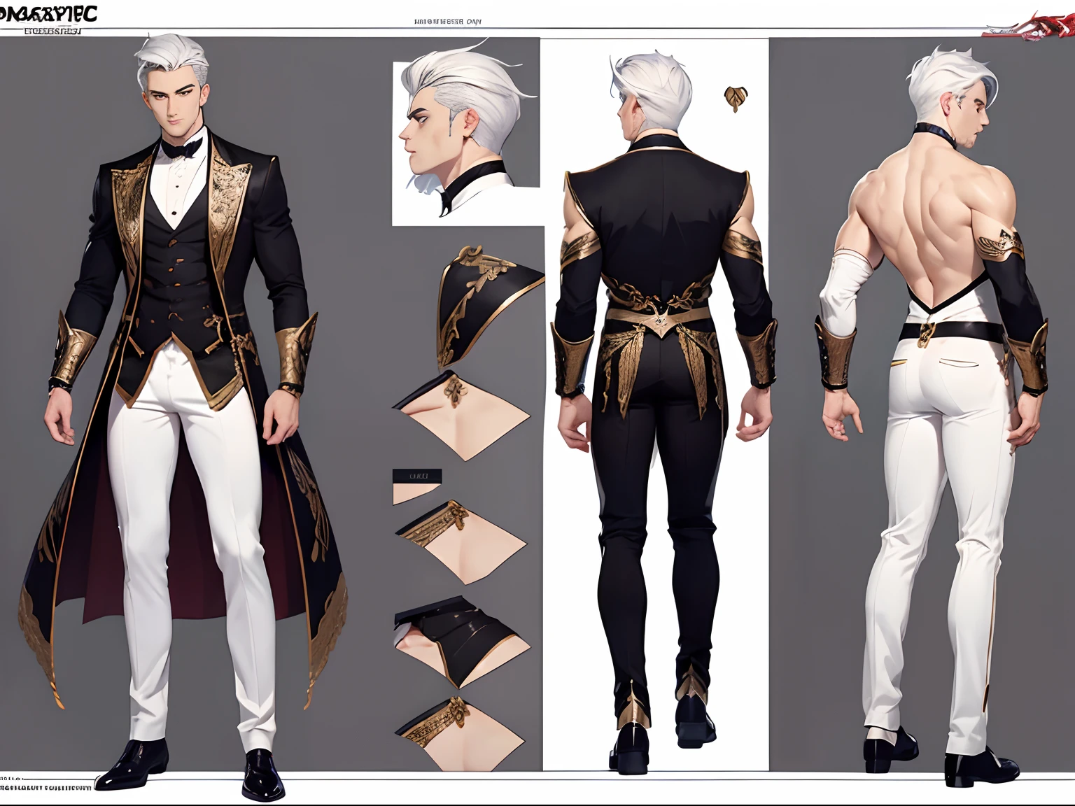 ((Masterpiece, Highest quality)), Male, boy, Detailed face, character design sheet,full body esbian, Full of details, frontal body view, back body view, Highly detailed, Depth, Many parts, Muscle boy with white hair,handsome man, vampire outfit clothes, man tall, pectoral muscles, abs --auto