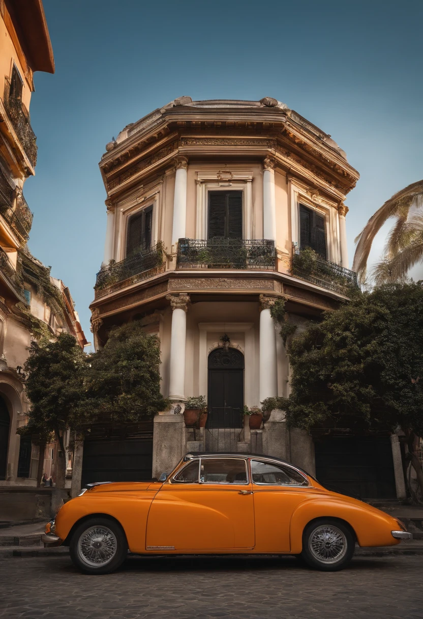 There is a car parked in front of a building with a clock in front of it, casa completa, arhitectural shot, Medium Wide Shot, 3/4 vista de baixo, vista exterior, Frente, visto de baixo, mid view, Vista lateral acima, viewed from the ground, Vista frontal, vista lateral frontal, vista externa, full medium shot