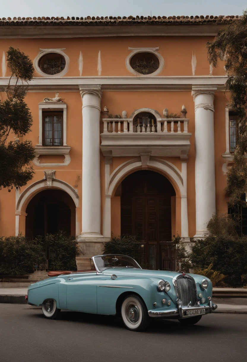 There is a car parked in front of a building with a clock in front of it, casa completa, arhitectural shot, Medium Wide Shot, 3/4 vista de baixo, vista exterior, Frente, visto de baixo, mid view, Vista lateral acima, viewed from the ground, Vista frontal, vista lateral frontal, vista externa, full medium shot