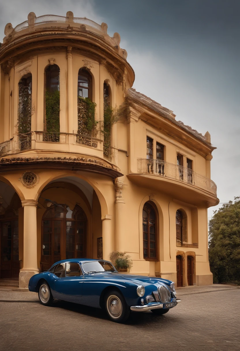 There is a car parked in front of a building with a clock in front of it, casa completa, arhitectural shot, Medium Wide Shot, 3/4 vista de baixo, vista exterior, Frente, visto de baixo, mid view, Vista lateral acima, viewed from the ground, Vista frontal, vista lateral frontal, vista externa, full medium shot