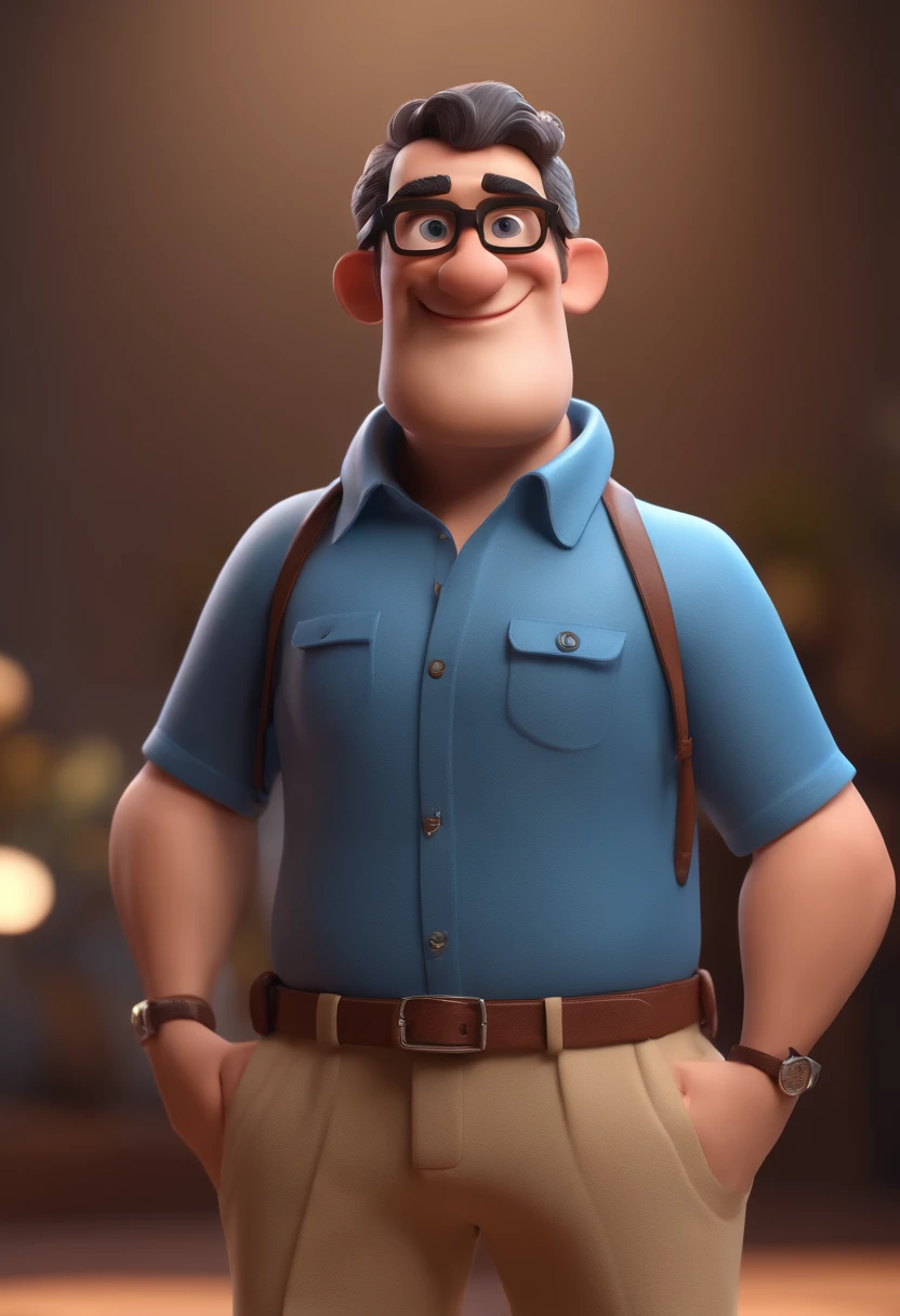 Cartoon character of a man with black glasses and a blue shirt, animation character, Caractere estilizado, animation style rendering, 3D estilizado, Arnold Maya render, 3 d render stylized, toon render keyshot, Personagem 3D, Personagem 3D, 3d rendering stylized, 3 d character render, personagem de desenho animado, Personagem de close up, Pose de personagem,  (Estilo Pixar) (master part:1.2) (Bokeh) (best quality) (pele detalhada) (textura detalhada) (8k) (argila) (Cinematic lighting) (foco nítido