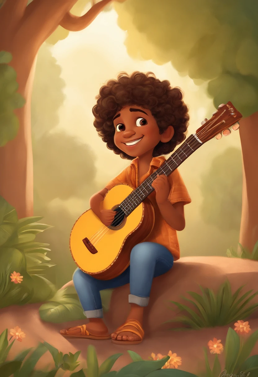 crie um banner no estilo Pixar. A boy with Indian features, moreno pardo com cabelos curtos, Castanhos escuros, Curly and slightly grayish appearance, mas jovem, usando uma camiseta, Wearing jeans and holding a classical guitar with 7 strings.