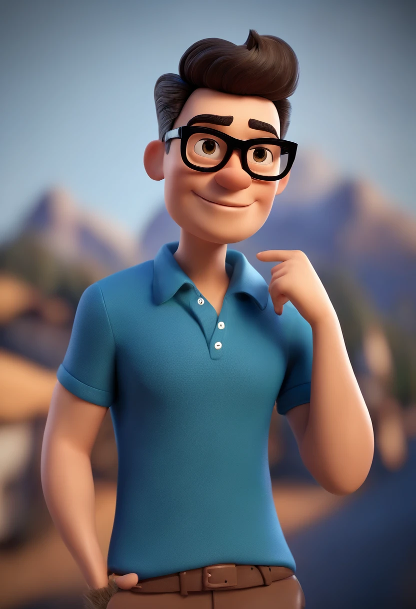 Cartoon character of a man wearing black glasses and a blue shirt, um personagem animado, Caractere estilizado, animation style rendering, 3D estilizado, Arnold Maya render, 3 d render stylized, toon render keyshot, Personagem 3D, Personagem 3D, 3d rendering stylized, 3 d character render, personagem de desenho animado, Personagem de close up, Pose de personagem, (Estilo Pixar) (master part:1.2) (Bokeh) (best quality) (pele detalhada) (textura detalhada) (8k) (argila) (Cinematic lighting) (foco nítido,Senta e vaza a parte superior do corpo