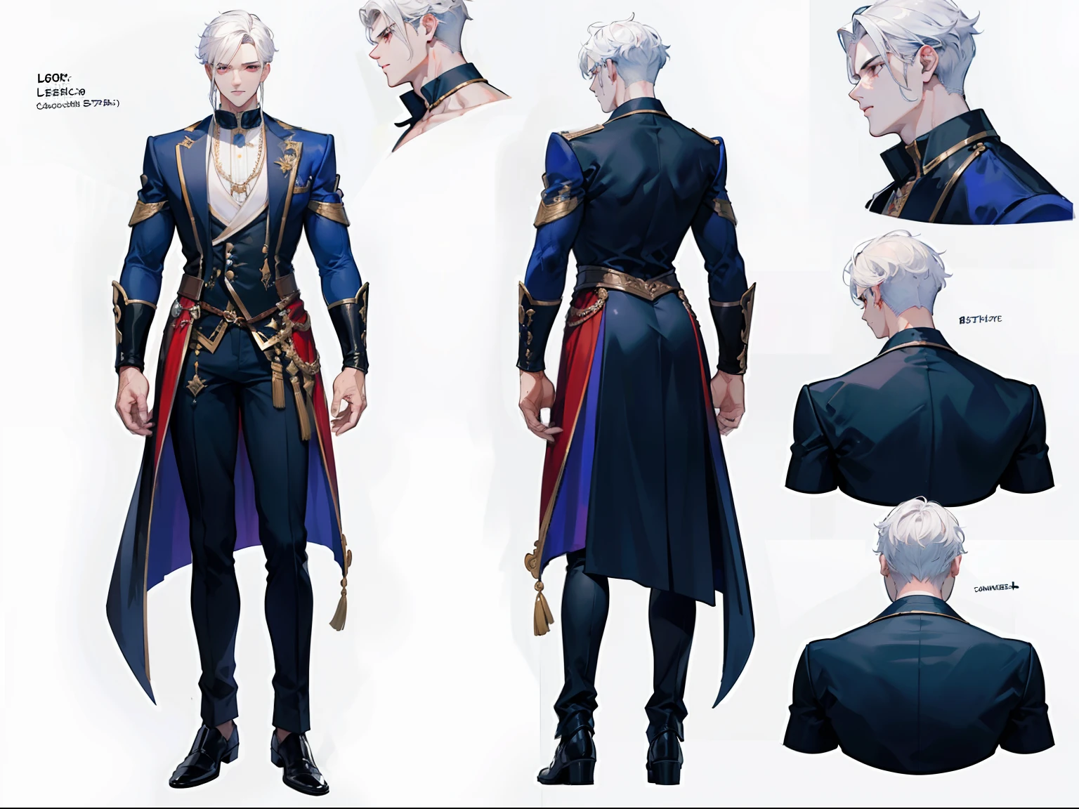 ((Masterpiece, Highest quality)), Male, boy, Detailed face, character design sheet, full bodyesbian, Full of details, frontal body view, back body view, Highly detailed, Depth, Many parts, Muscle boy with white hair,handsome man, vampire outfit clothes, man tall