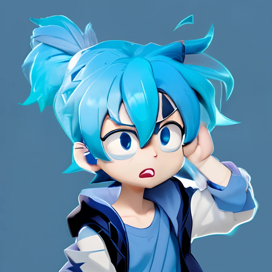 a close up of a cartoon character with ponytail and blue hair, 2 d anime style, moe anime art style, anime style character, telegram sticker, 2 d sprite, anime character, moe anime art style high quality, anime boy, discord profile picture, short man with blue hair, official character art, 2 d anime, angry  boy with blue hair, back, computer confusion