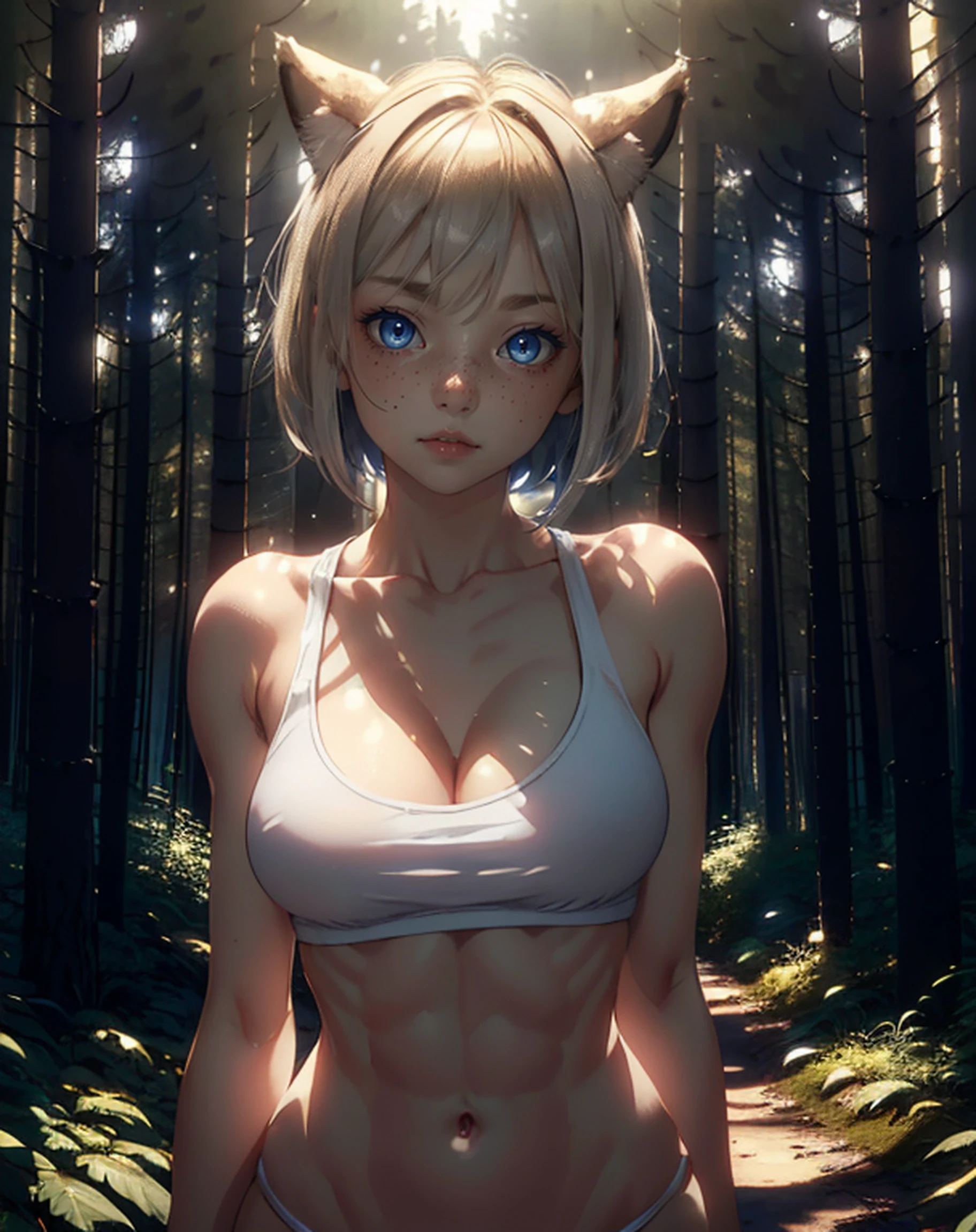 masterpiece, best quality, highres, 1girl, solo, animal ears, short hair,bangs,beige hair, tail, small round & firm breast,blue eyes, white panties, cleavage, white cropped tank top,abs:1.2, (((upper body))), standing, ((Cinematic lighting)), perfect anatomy, night light,(forest:1.4),