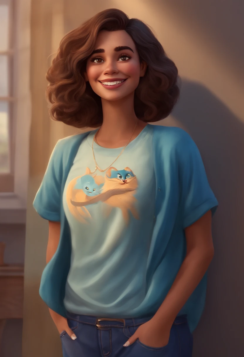 Criar personagem estilo Pixar de uma mulher baixa, medium hair, acima do peso, sorriso cativante, Small eyes wears blue pants and t-shirt.