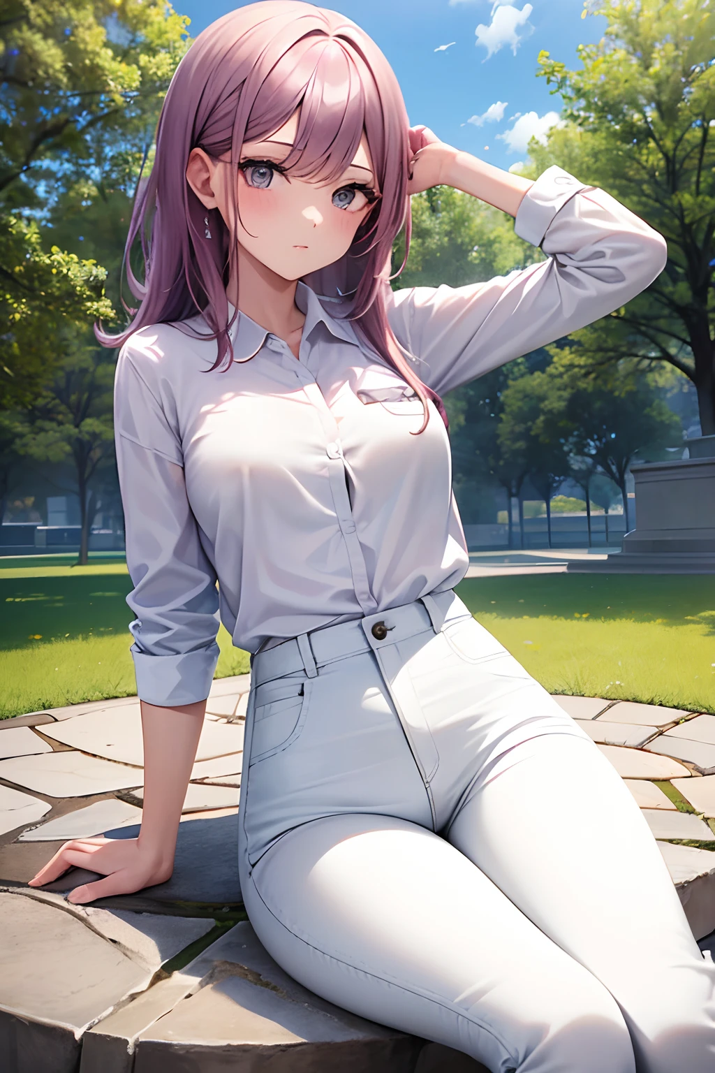 una chica, que lleva una camisa blanca con unos pantalones elegantes de color negro. sentada en un baco en el parque